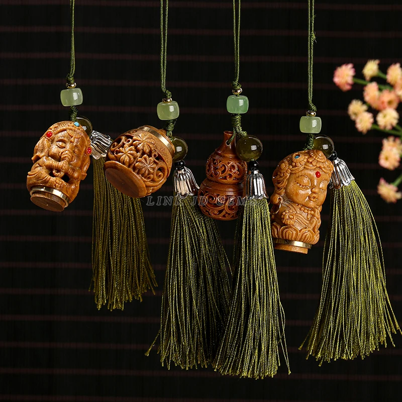 JD GEMS Wood Incense Expander Wood Hollow Carving Pendant White Jade Green Sandalwood Lotus Sachet Incense Box Charm