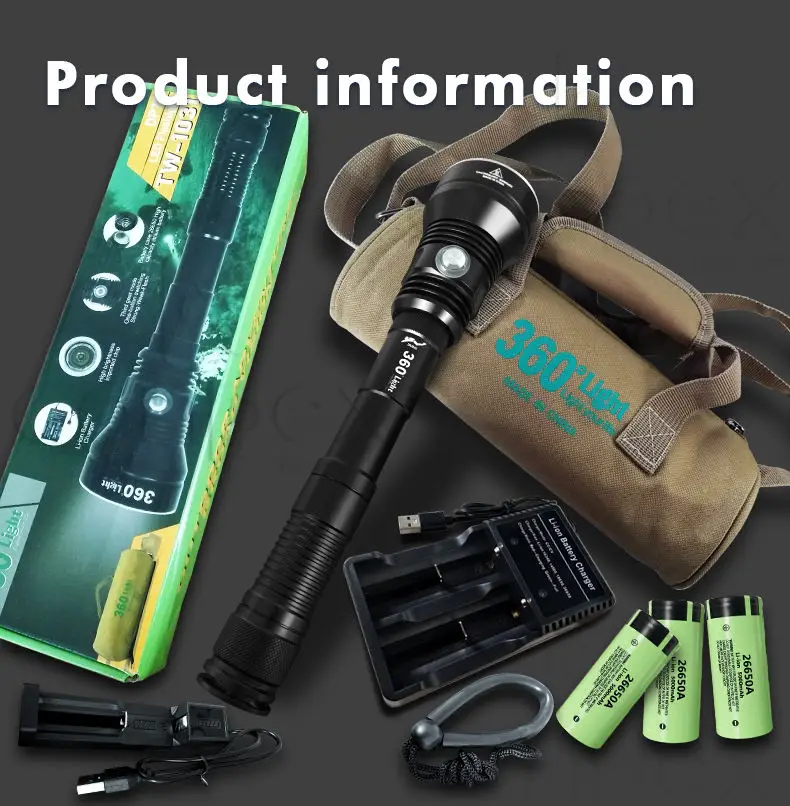 360Light Super 8000LM Professional IP8 Waterproof rating Lamp Using 26650 Battery led Diving Underwater torch light flashlights
