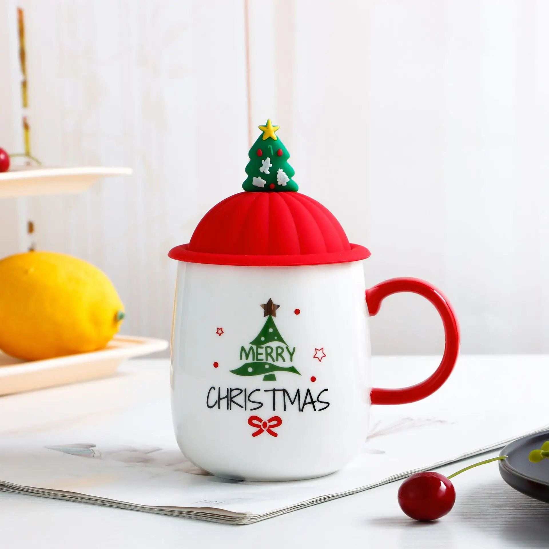 HY 2021 Cheap Wholesale Custom Logo Gift Box Set Tazas Couple Cup Design Ceramic Christmas Mug With Lid Spoon