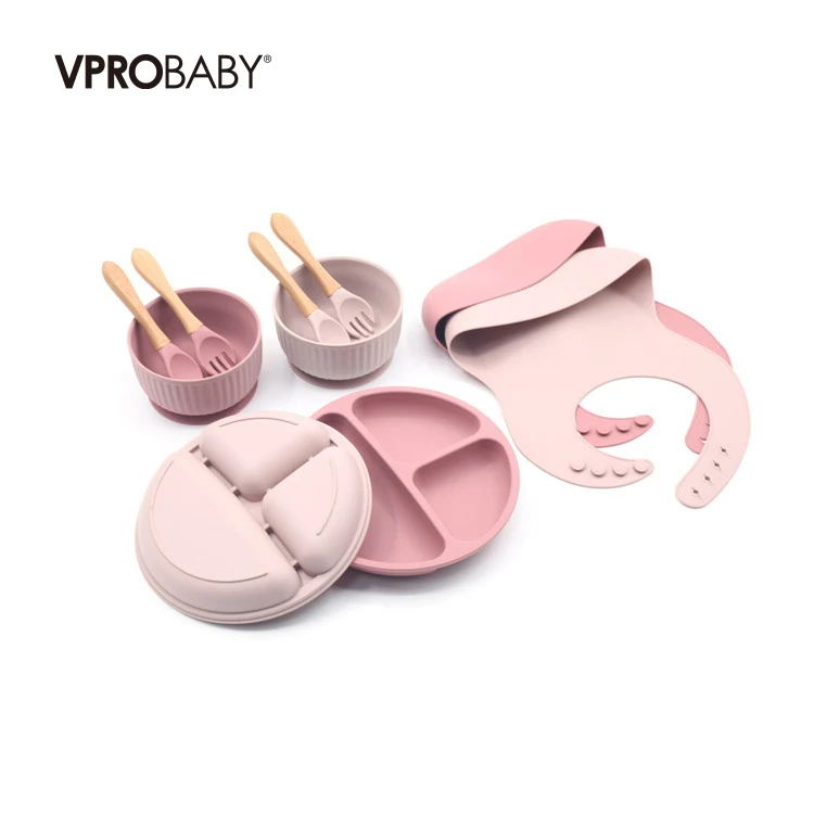 Wholesale stock custom your logo baby plate suction silicone baby silicone bib bowl spoon tableware set
