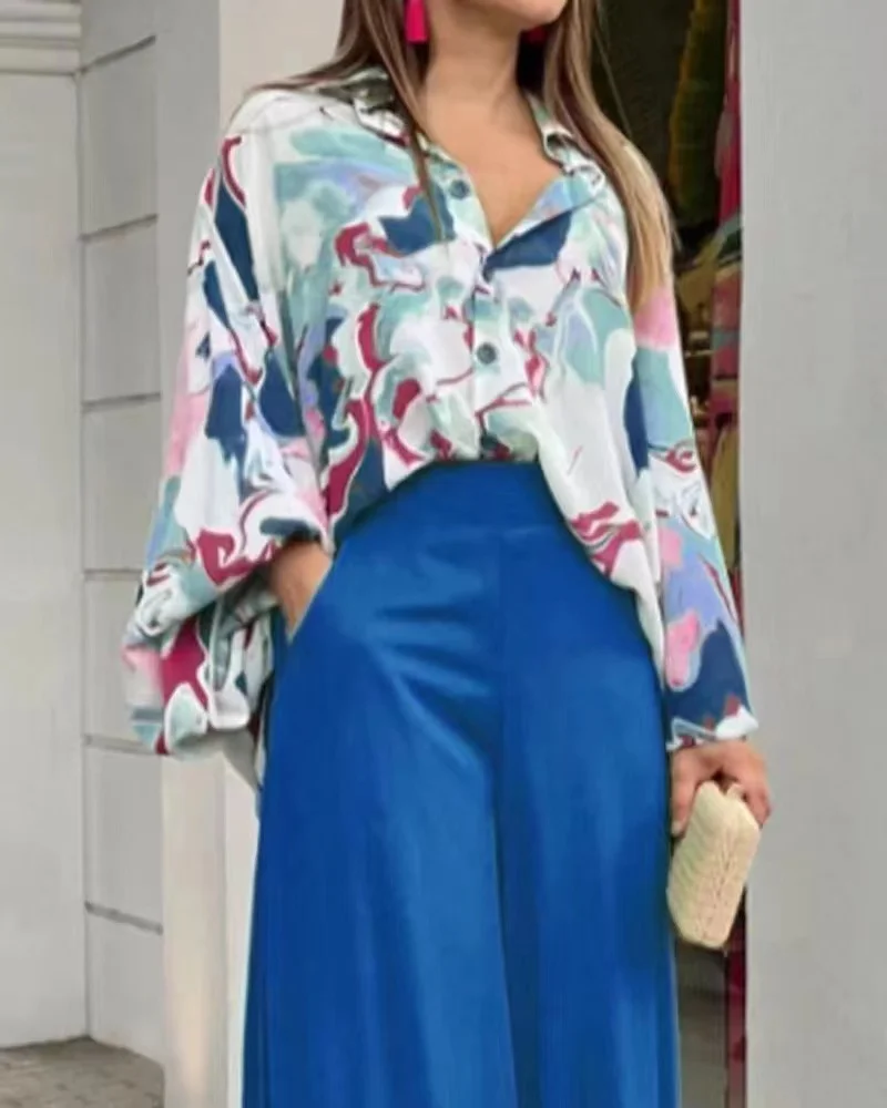 2024 Puff Sleeve Blouse Set For Ladies Loose Floral Printed Lantern Long sleeves Shirt Wide Leg Pants Two piece Set for Women