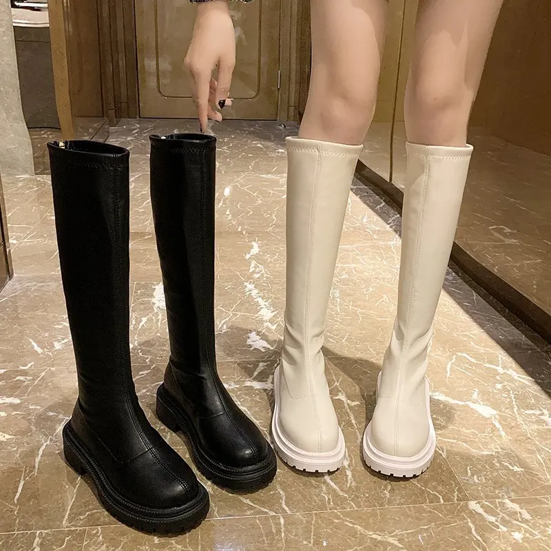 Knight high-heeled boots 2021 new autumn and winter British style Martin leather boots plush boots