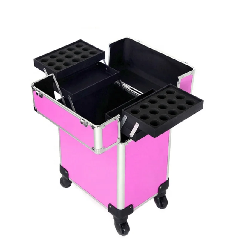 Yaeshii professional aluminum rolling torlley  cosmetic organizer makeup travel train vanity case on wheels