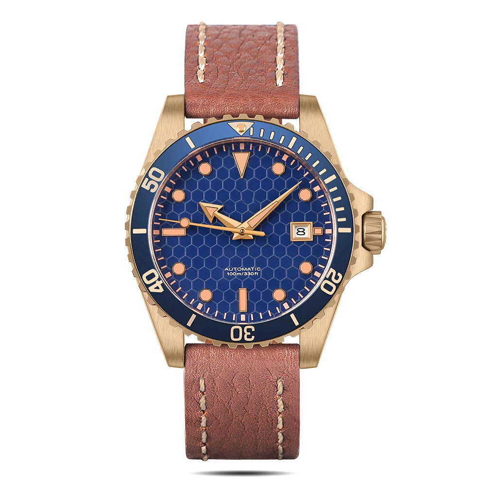 NH35 Perpetual Calendar Clean Cusn8 Bronze Watch Men Mechanical Automatic Leather