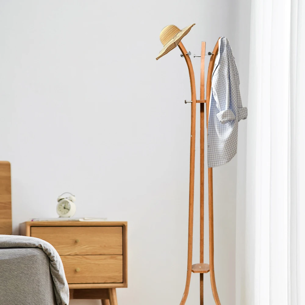 Bamboo Coat Rack Sturdy Wooden Coat Rack Stand, Free Standing Tree Hanger with 4 Sections & 8 Hooks