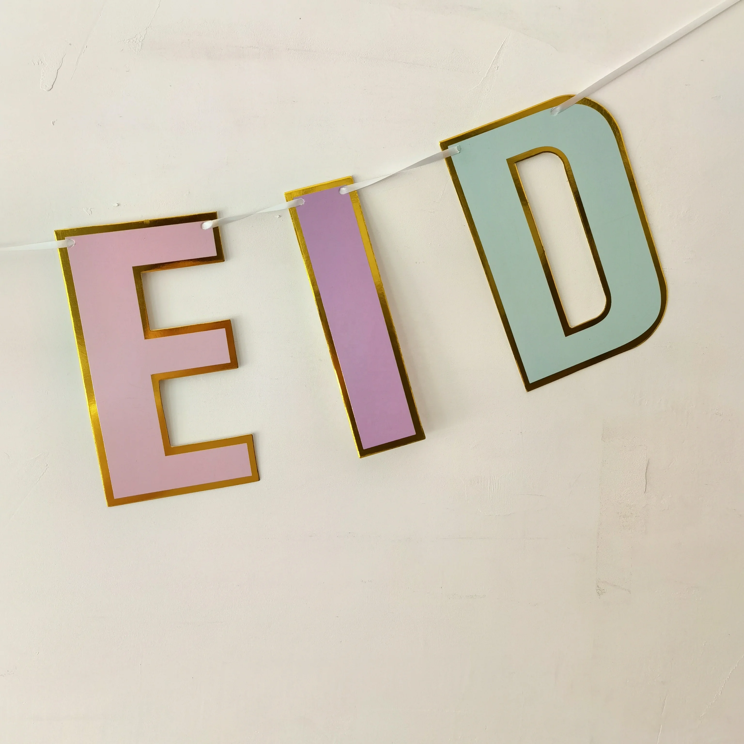 Eid Mubarak decoration Gold stamping foil Macaron flag Colorful HAPPY EID banner for Muslim islam party decoration