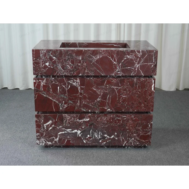Роскошная мебель из натурального камня современный дизайн отдельно стоящий мраморный шкаф Rosso Levanto с одной раковиной