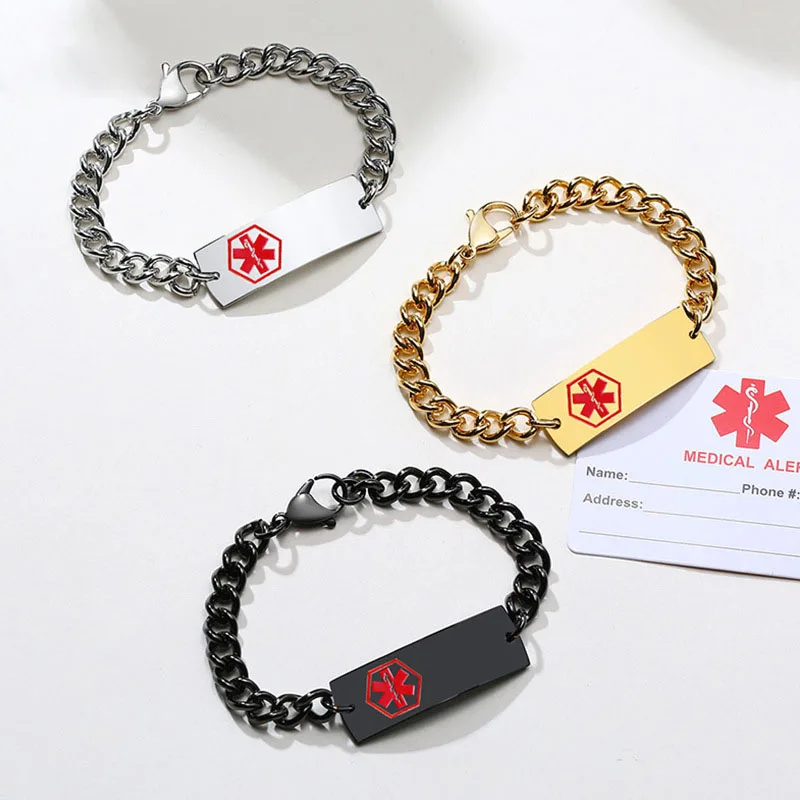 Customize Personalized Engraved Medical  symbol  Free Diabetic Alert Id Curb Stainless Steel Men Link Chain Bracelet