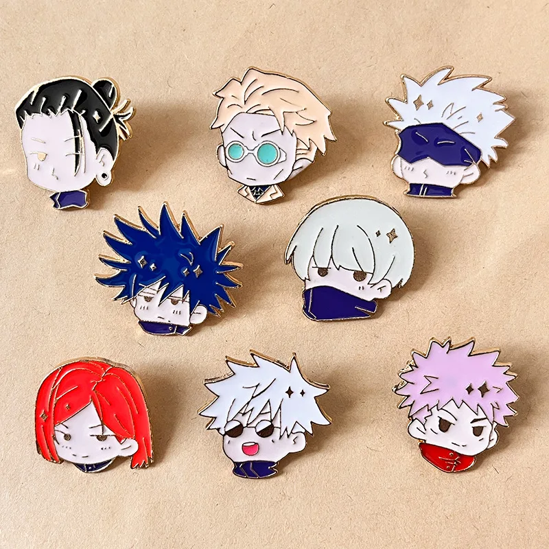 8 Styles Jujutsu Kaisen Mini Big Head Designer Brooches and pins pins Anime Satoru Gojo Custom Made Metal Brooch pin Hard Soft