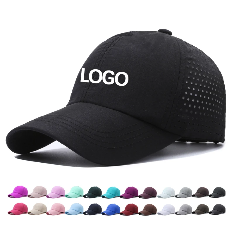 Wholesale Custom High Quality Men 6 Panel White Polyester Baseball Cap Rubber Logo Waterproof Laser Cut Hole Perforated Dad Hat