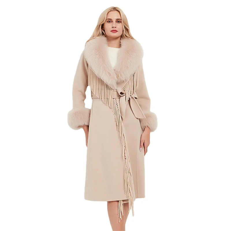 Pudi Women Real Fur Coat Jacket Female Lady Wool Blends Fox Fur Collar Coats Jackets Fleece Long Autumn Knitted Woolen Windproof