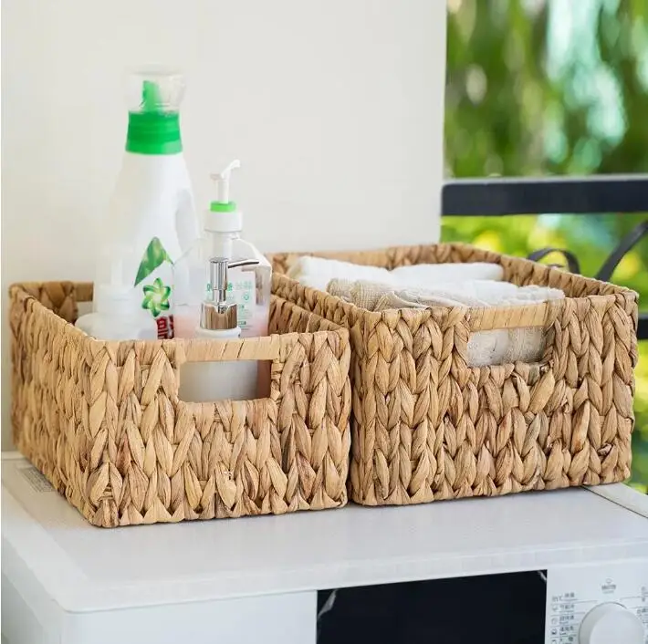 Woven Natural Water Hyacinth Basket Square Foldable Storage Baskets for Home Decoration Organizer