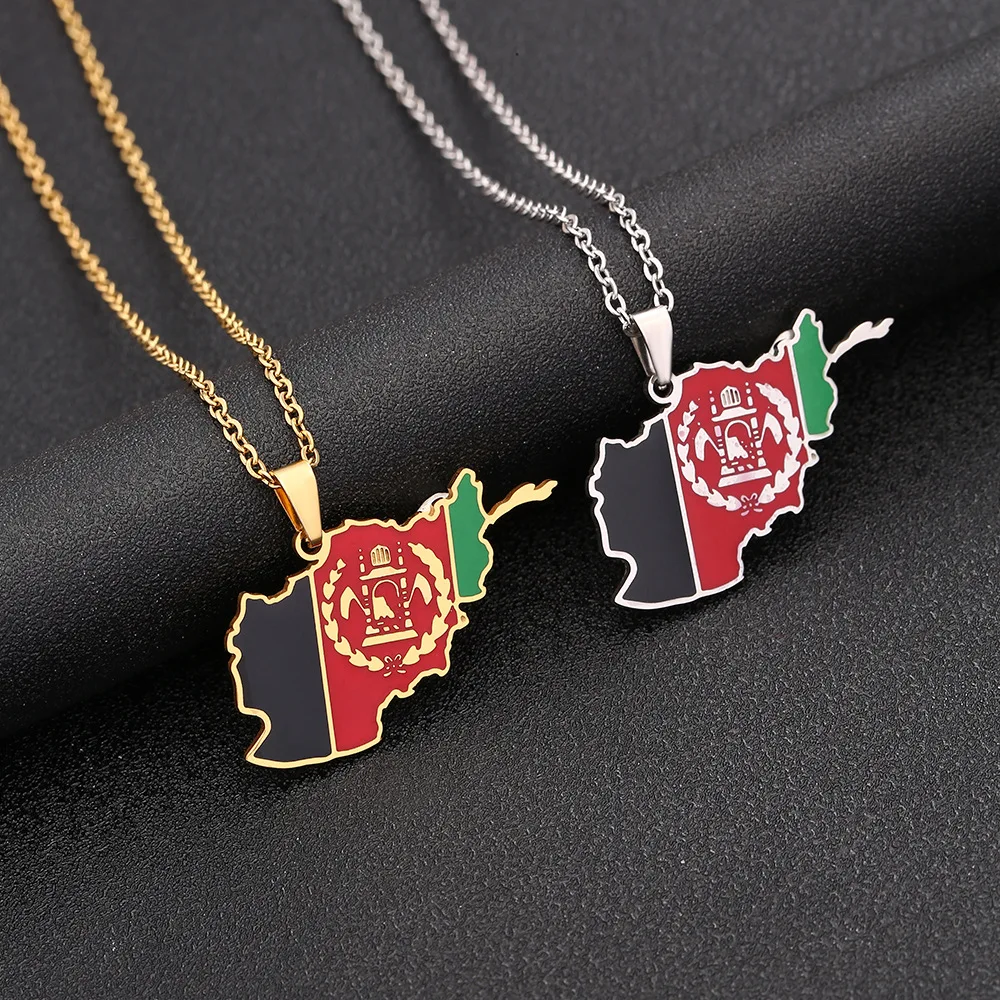 New Stainless Steel Gold Plated Afghanistan Flag Map Pendant Necklace