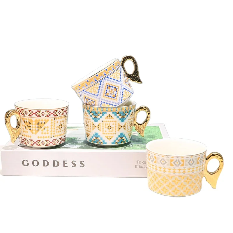 European Retro Angel Wing Ceramic Coffee Cup Porcelain Tea Cup Gold Handle