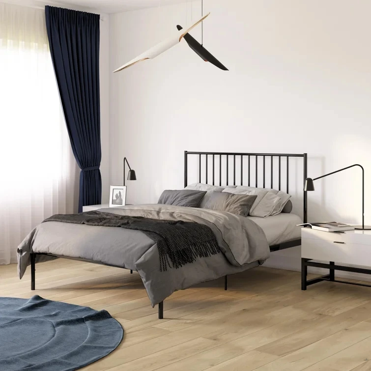 Modern Black Iron Bed Frame Easy Assembly Metal Bed