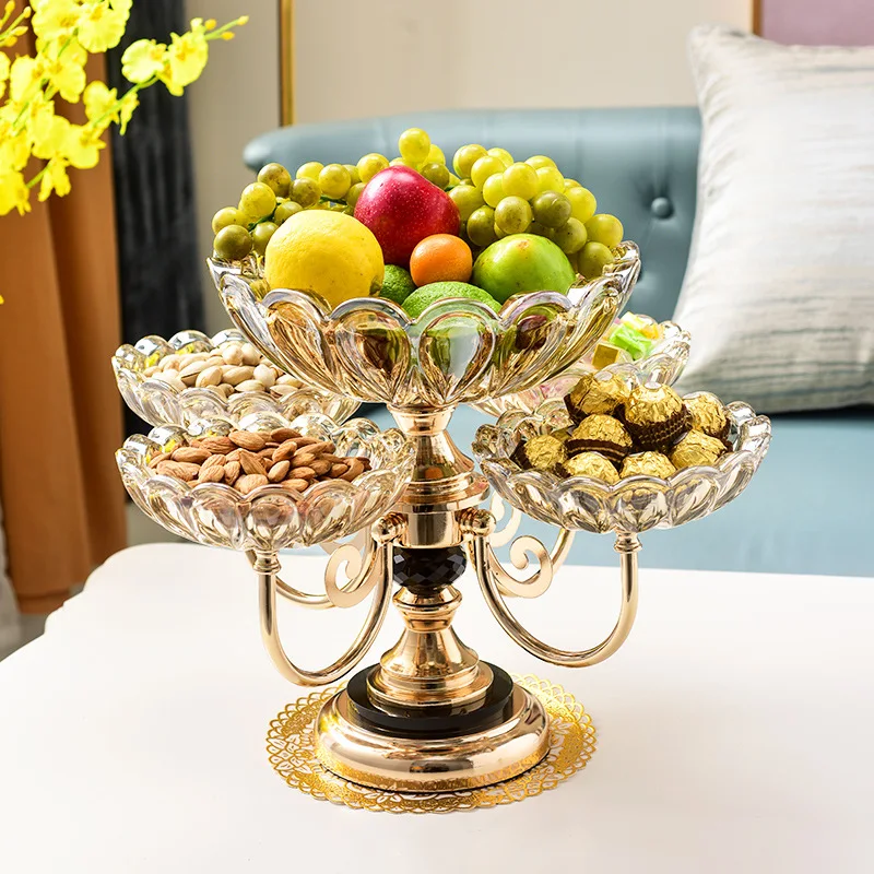 Modern round 2 and 3 layer glass fruit decorative tray with copper stand crystal candy plate 360 degree rotating fruit plate