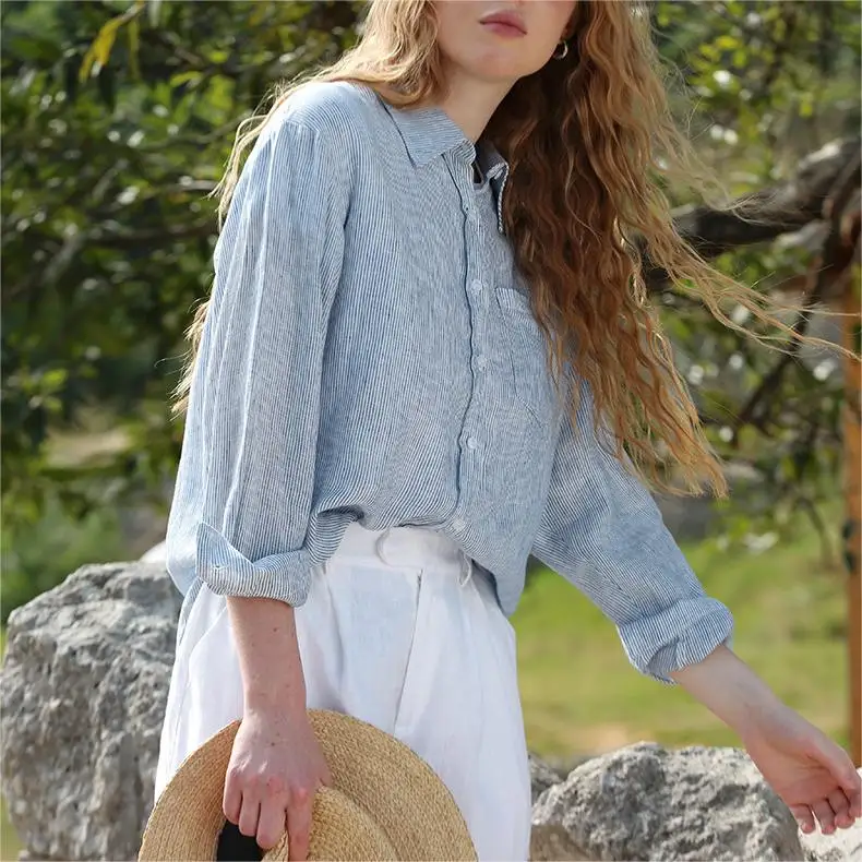 Wholesale OEM Casual Loose Long Sleeve Turn Down Collar Tops Blue White Stripe Button Shirt 100% Pure Linen Women Shirts Ladies