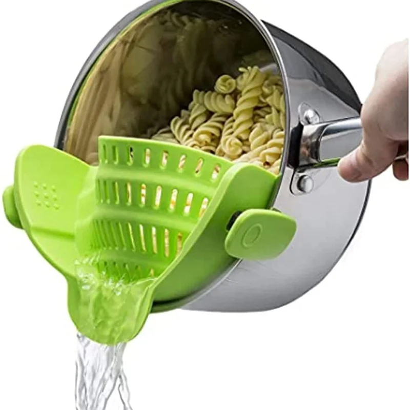 New design fits all pots and bowls kitchen snap n strain strainer silicone clip on food strainer