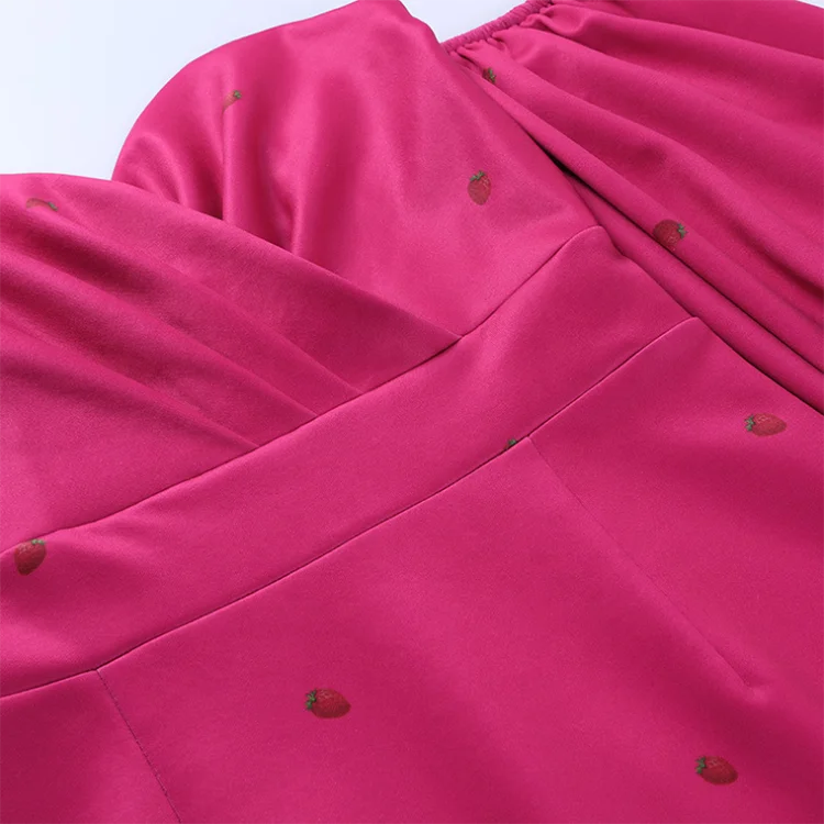 Wholesale Short Puff Sleeve Strapless Backless Strawberry Printed Maxi Dress Pleated Sexy Bodycon Long Women Pencil Dresses