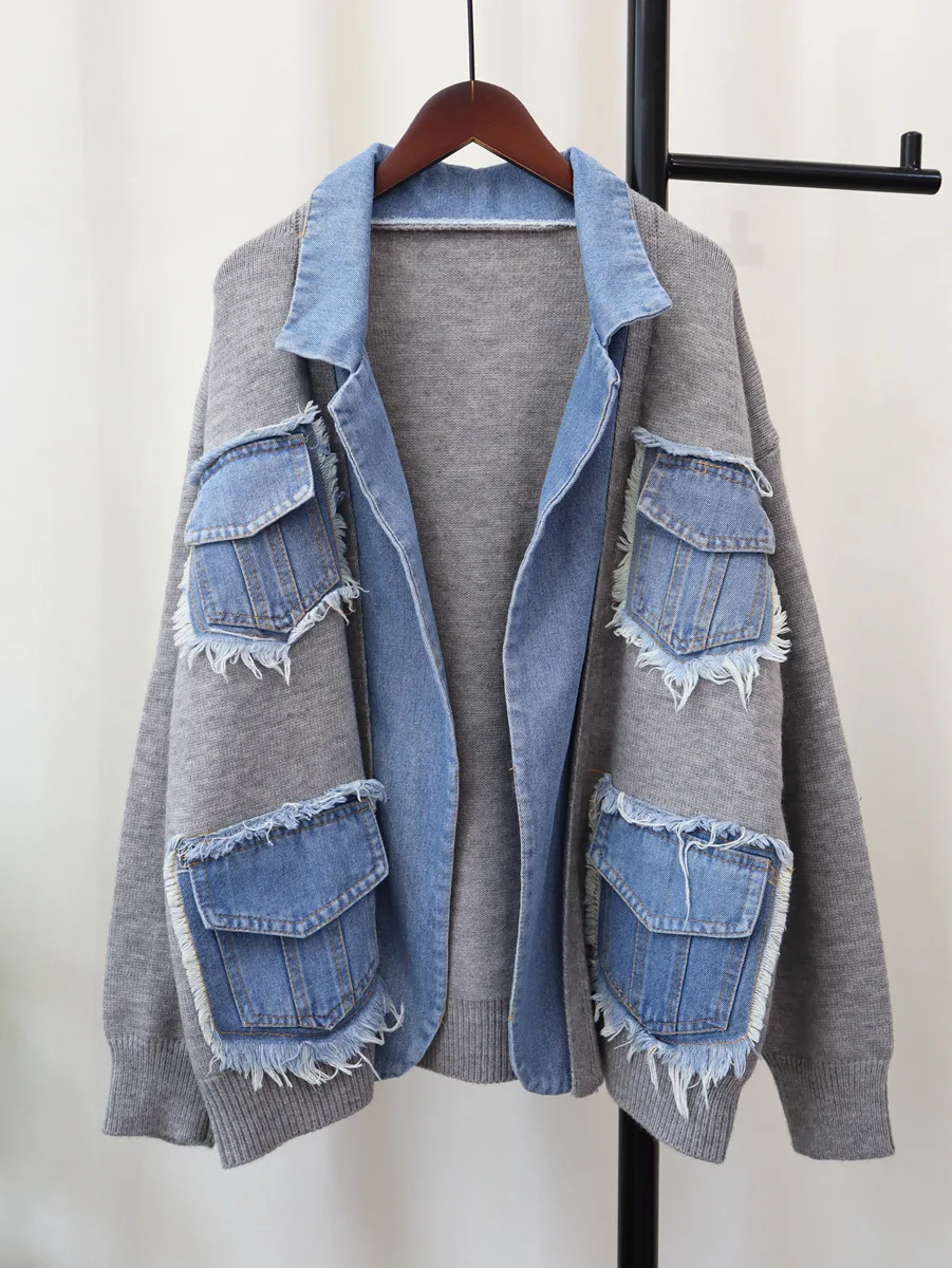 ZHEZHE 2024 New Arrivals Ready To Ship Winter Warmly Thick Sweaters Patchwork Denim Jeans Coats