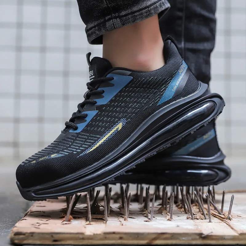 Latest shock absorption lightweight steel toe work shoes running men black safety shoes sport
