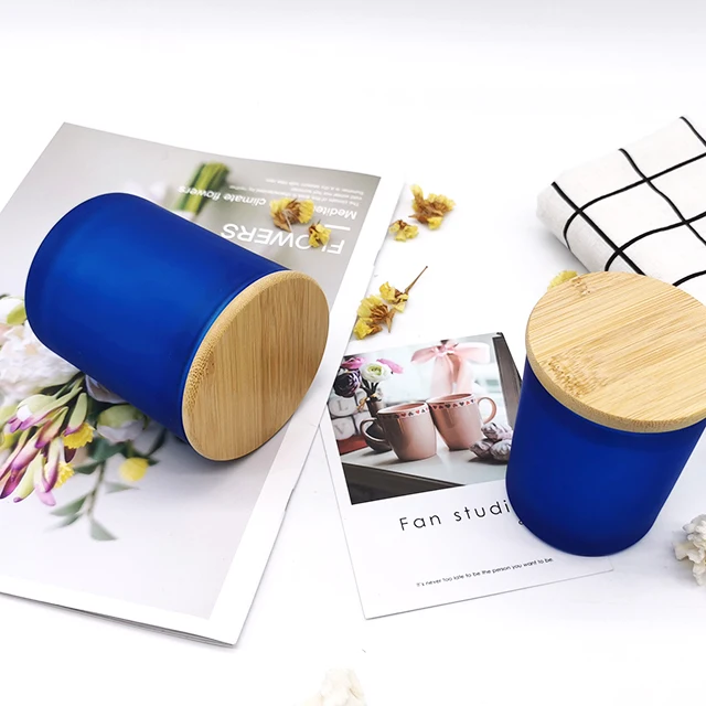 Multi color frosted empty glass candle jars with wooden lids in bulk for candle making