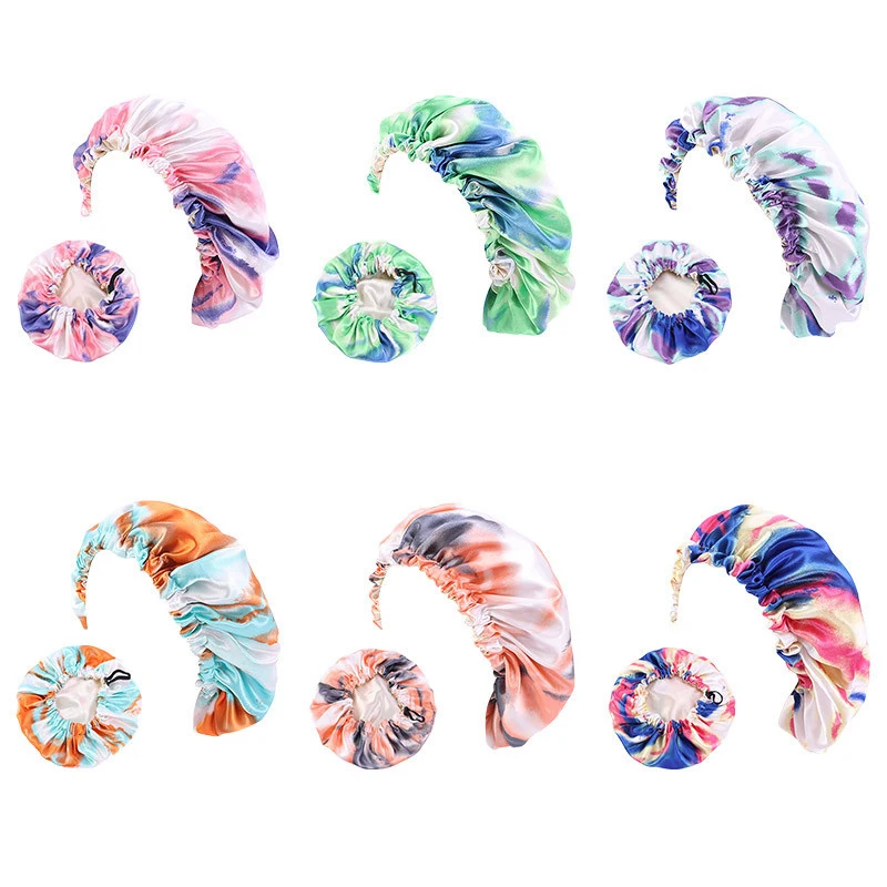 Hot selling Designer Women Kids Reversible Tie Dye Silk Satin bonnets With Drawstring Colorful Silky Mommy And Me Bonnets
