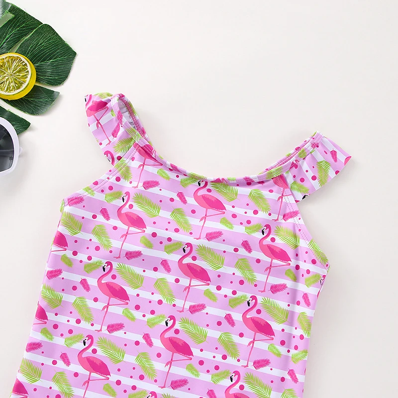 Pink Flamingo Girl One-Piece Swimsuit for Girls and Children Small Ruffled Beachwear Supply