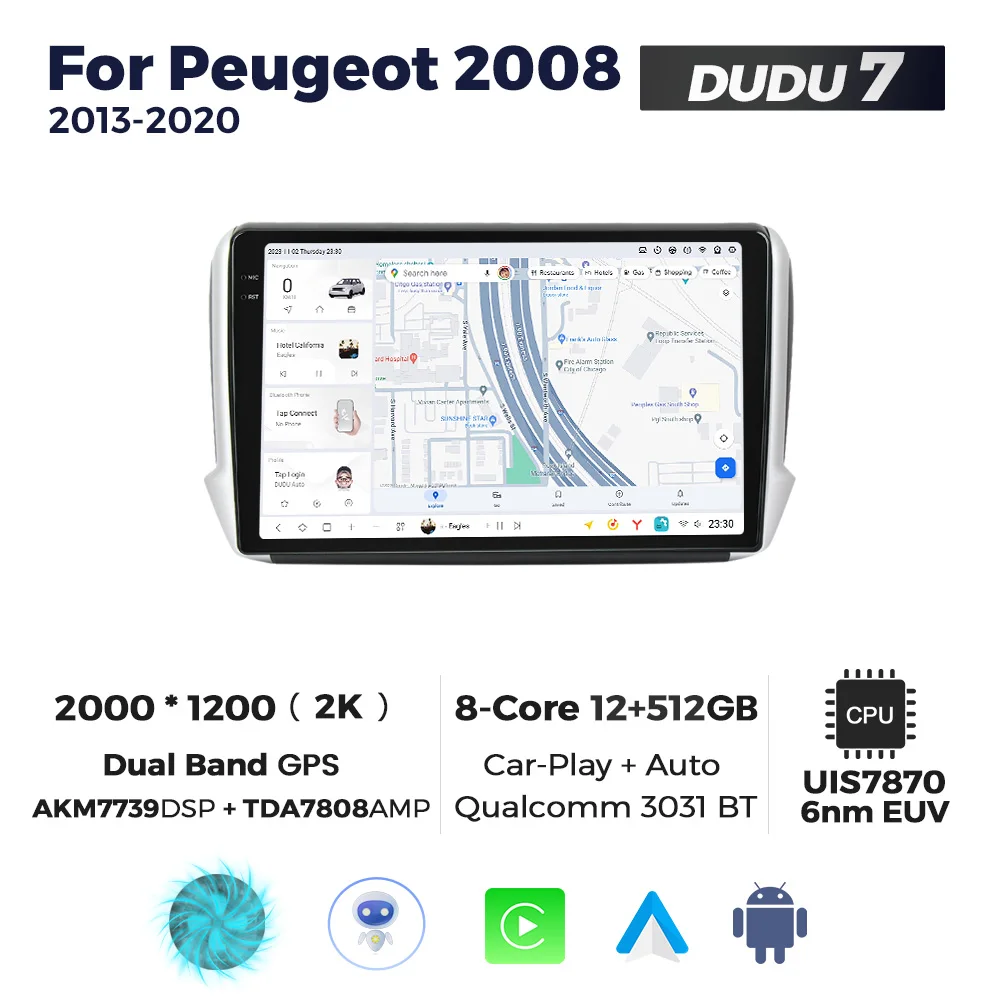 MEKEDE Android car video car dvd autoradio DUDU 2K Touch Screen 12+512GB 7870 system RADIO TDA7708 FOR Peugeot 2008