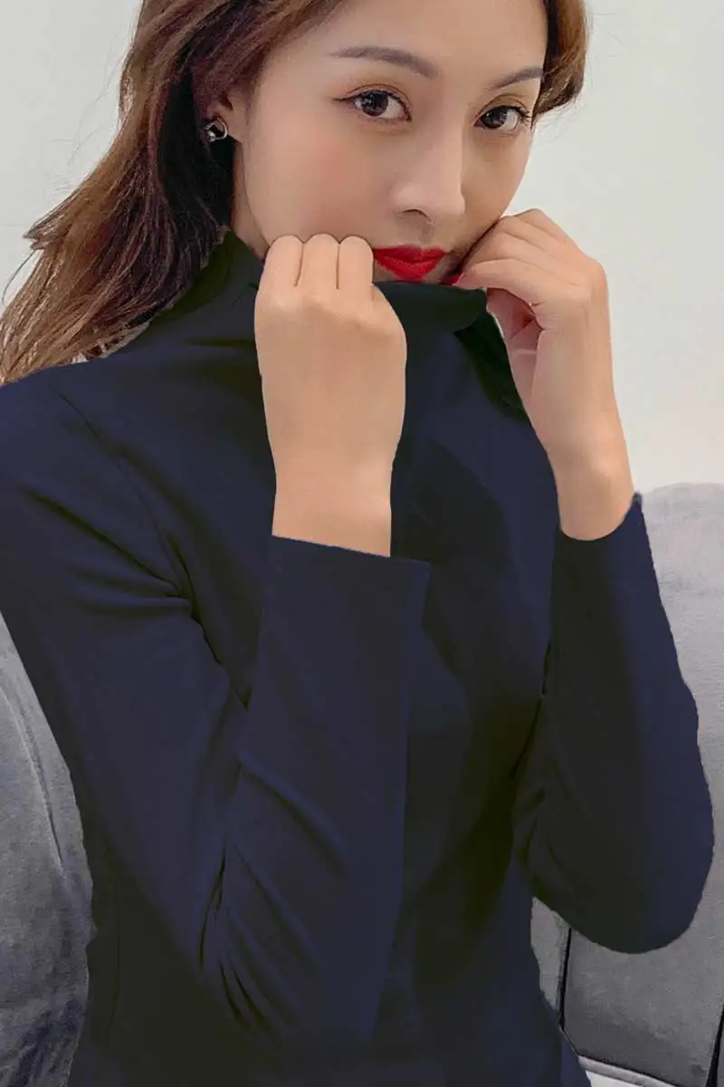 New 2021 Winter Women Basic T Shirt Long Sleeve Turtleneck Elastic Underwear T-Shirts For Women Candy Color Tops Tees Camisetas