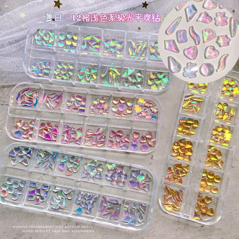 Wholesale 3d nail art crystal rhinestones 12 grid mixed ice transparent irregular shape flat bottom magic color shine DIY charms