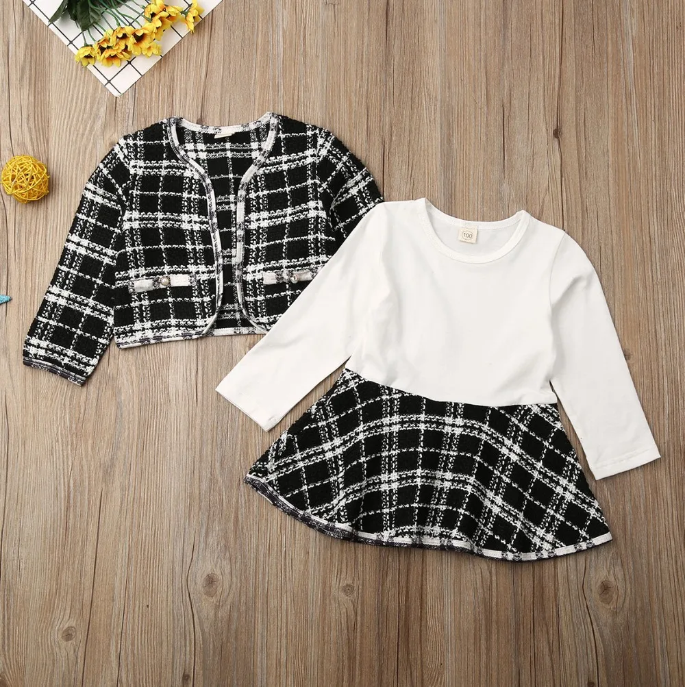Autumn Winter Party Kids Clothes For Baby Girl Fashion Pageant Plaid Coat Tutu Dress Outfits Suit Toddler Girl Clothing Set