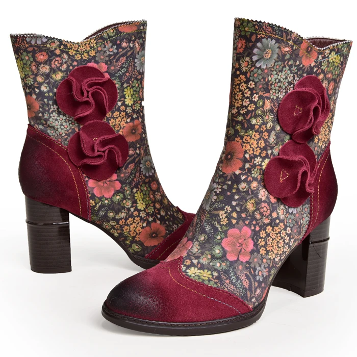 Women Floral Genuine Leather Ankle Boot Handmade High Heels Ankle Booties Boot Lady Winter Shoe