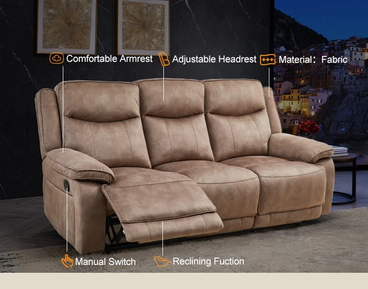 MANWAH CHEERS Factory Wholesales Italian Style Brown Full Cloth 6 Seater Section Modular Recliner Couch Living Room Sofa