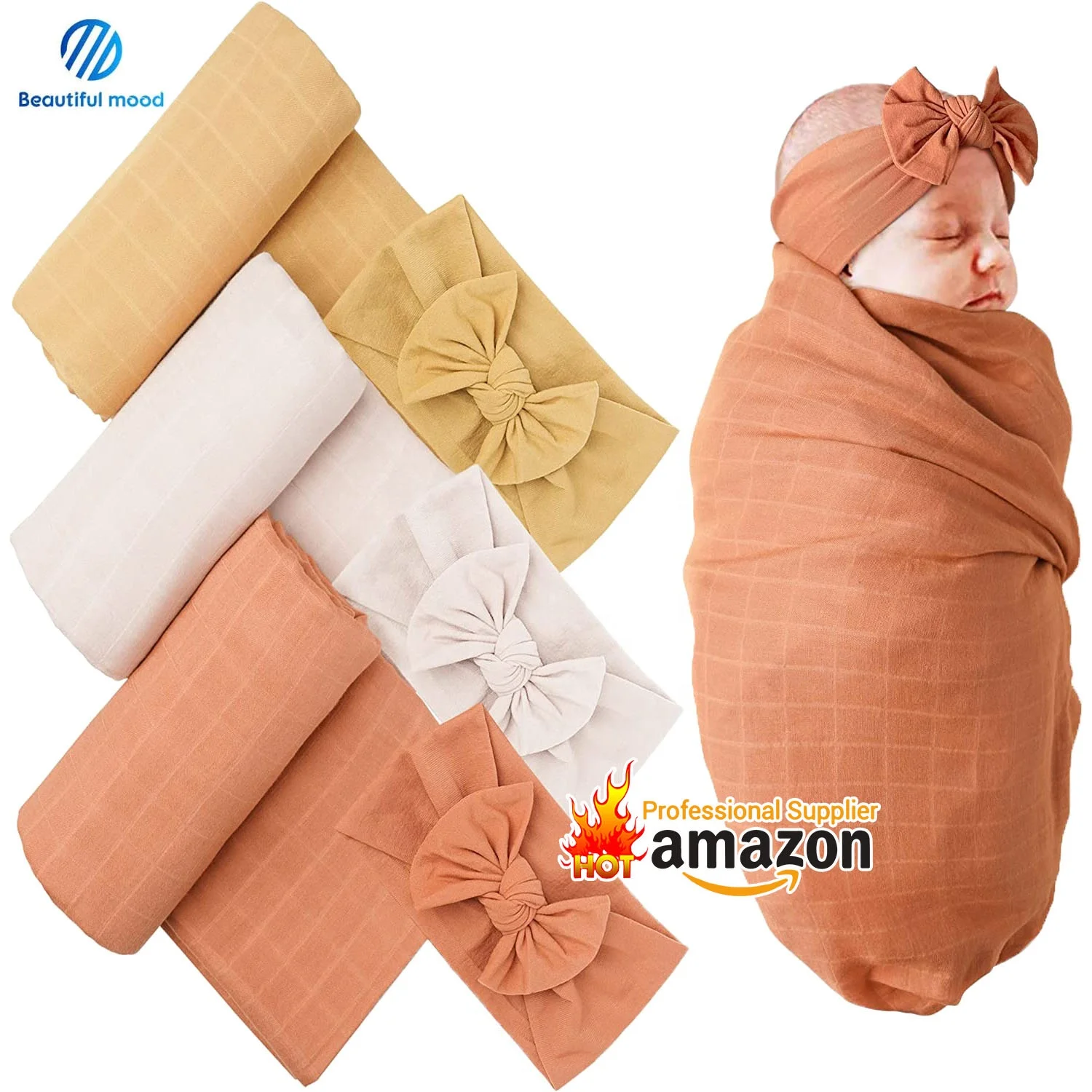 2 Pack Set Breathable Ultra-Soft 100% Cotton Muslin Baby Swaddles Receiving Blanket Headbands Set