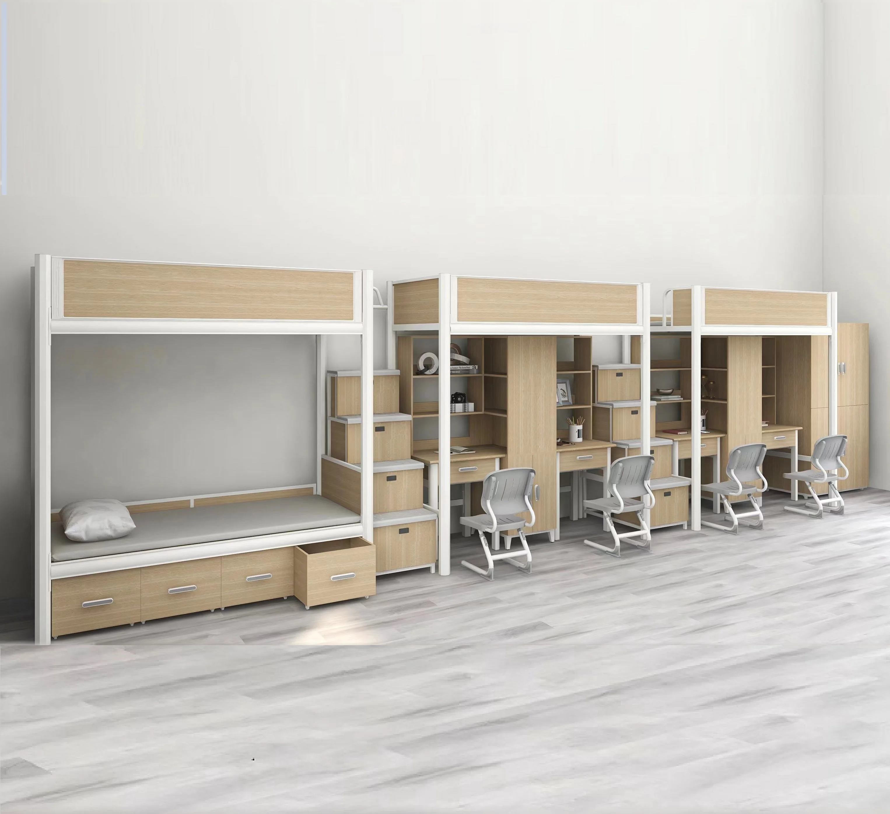 Multifunctional Metal Iron Wood Bunk Frame Bed For Hotel With Table Chair