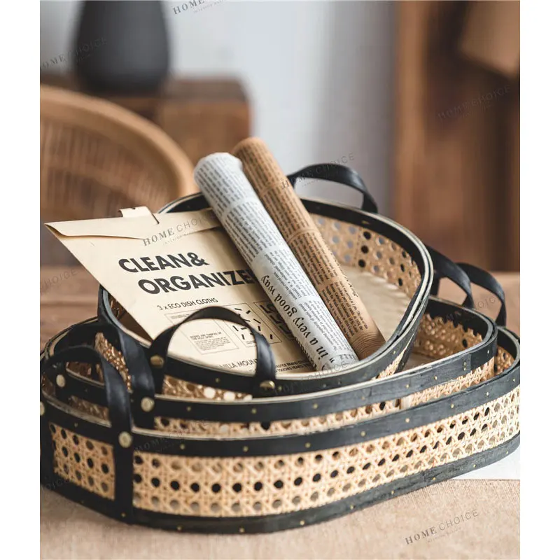 Custom Set of Wicker Tray Bamboo Rattan Decorative Trays for Home Decor or Fruit Bread Food Serving decoracion hogar