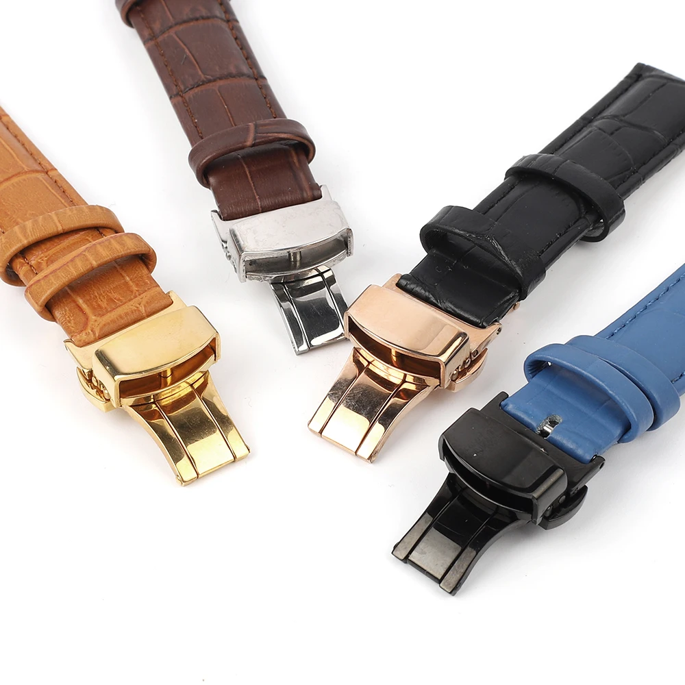 Hot sale classic style bamboo leather butterfly clasp watch strap Crocodile pattern real leather watch band