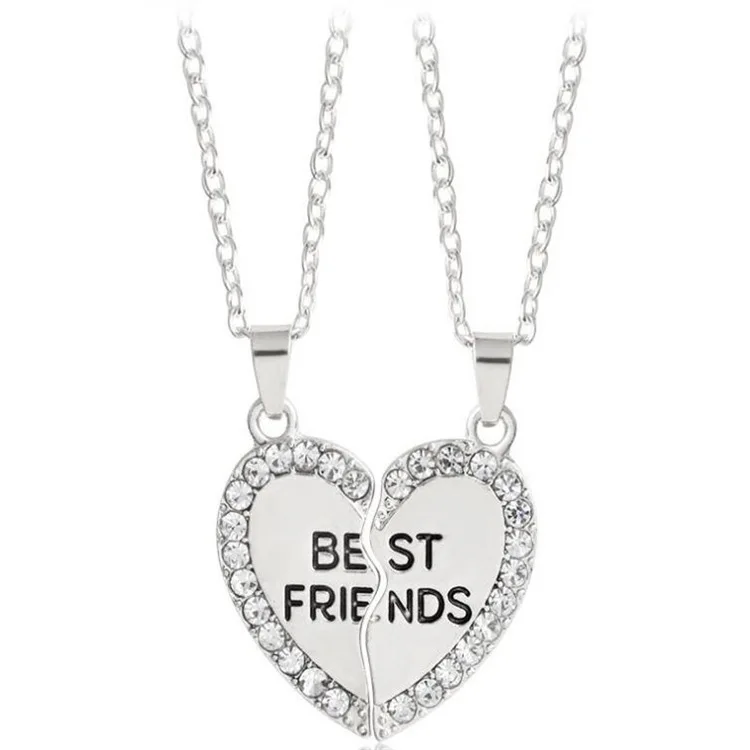 Hot Selling Love Gold 2 BFF Broken Heart Beat Pendant Fashion Diamond Best Friends Rhinestone Letter Necklace