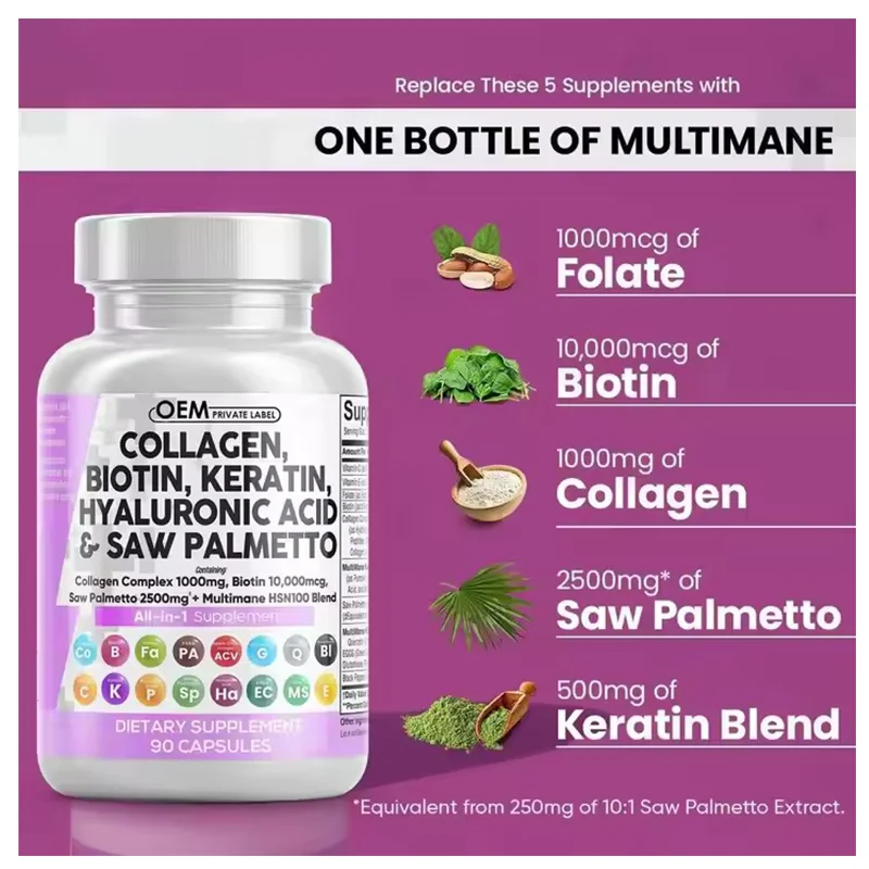 Vegan Friendly Collagen Peptides Powder Multi Vitamins Marine Keratin Biotin Collagen Capsules Healthcare Supplement For Women