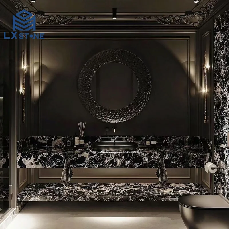 2024 Popular Bathroom Vanity Top Design Napoleon Black Marble Material Stone Bathroom Countertops Tile