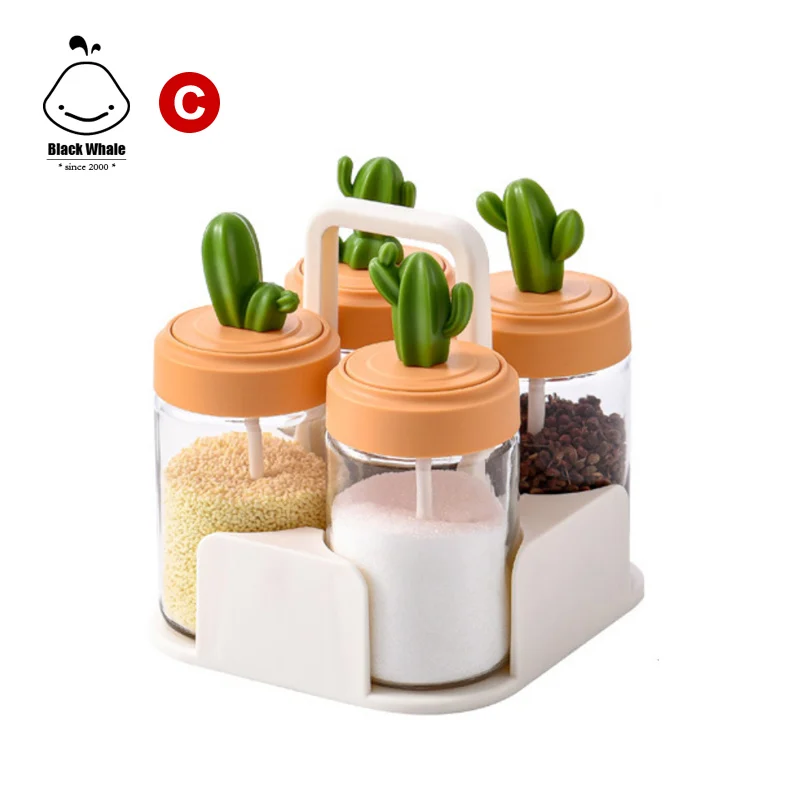 New Condiment Container Seasoning Box Set with base and spoon Glass Condiment Canisters Pots Sugar Bowls Set with Spoons and Lid