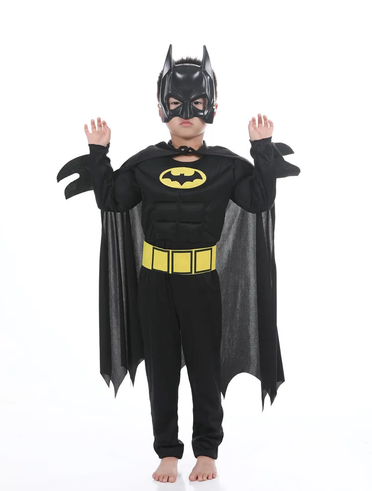 Unisex Halloween Black Bat Muscle Costume Kids Boys Girls Masquerade Party Cosplay Suit Jumpsuit Cloak Character Hat Accessories