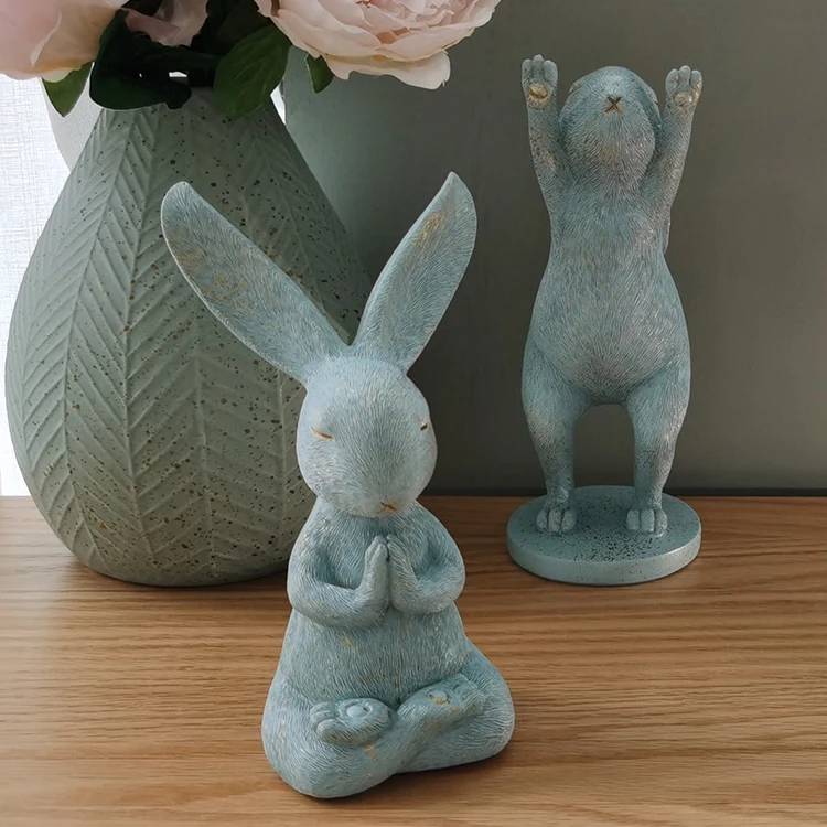 Cute Rabbit Easter Decoration Yoga Pose Statue Miniature Hare Animal Figurine Resin Craft Mini Bunny Garden Animal Statue
