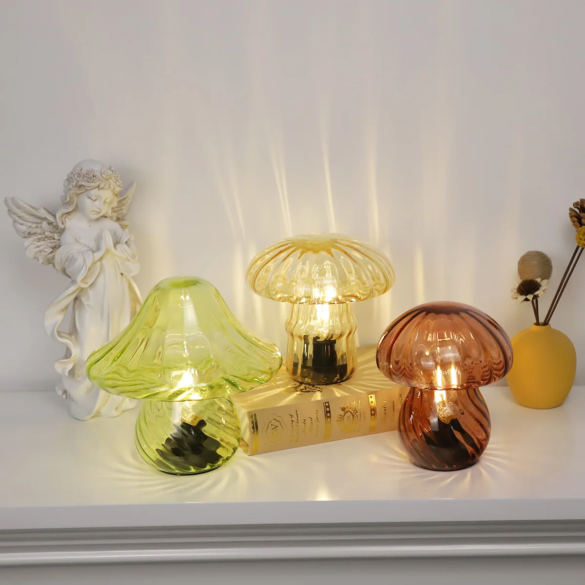 Mushroom Decor Battery Operated Led Light Table Ornament Festival Home Handmade Blown Glass Lamp Decoration