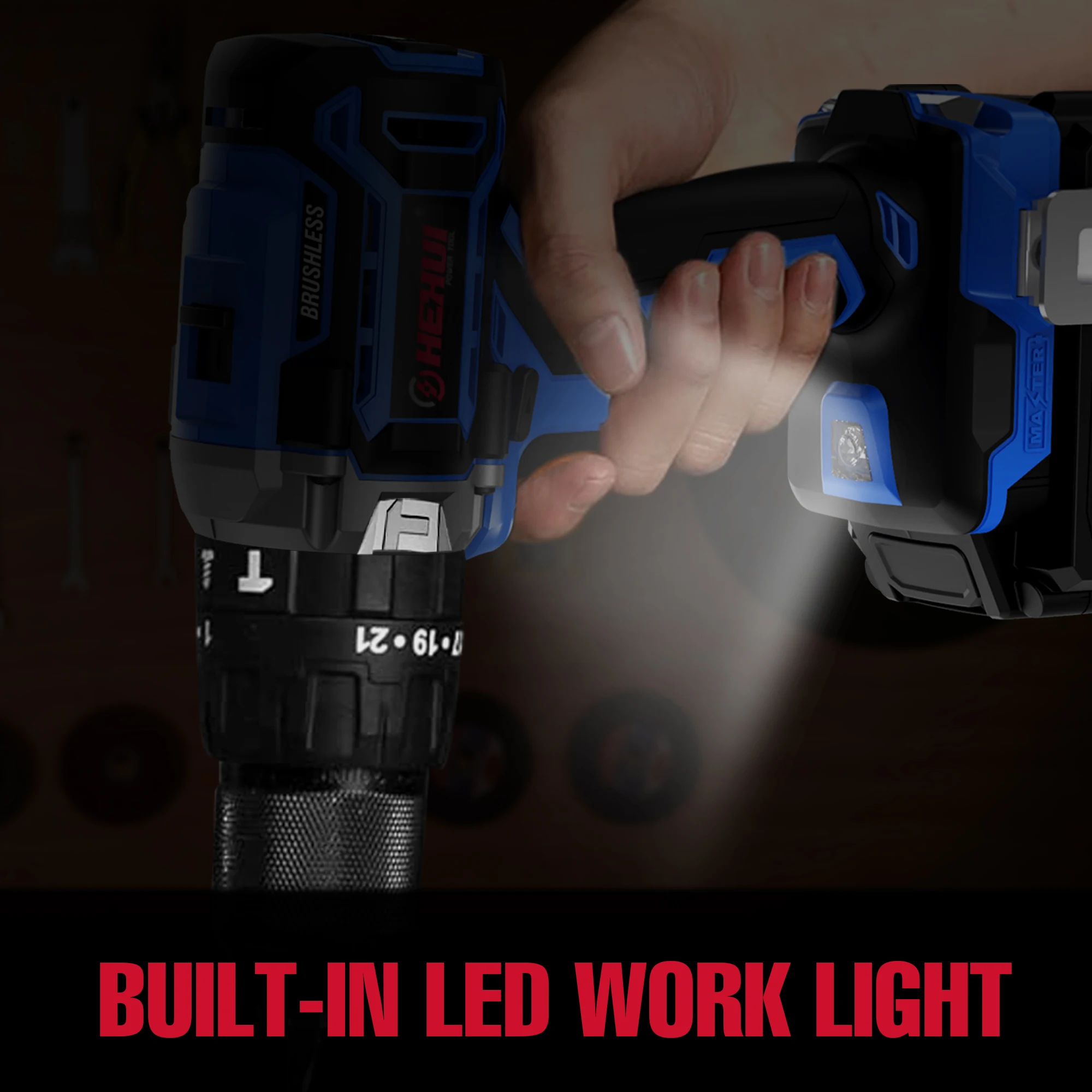 Hehui Customized 20V Hand Drill 20+ Torque Setting Drill Tools 13Mm Chuck Size Brushless Cordless Hammer Drill