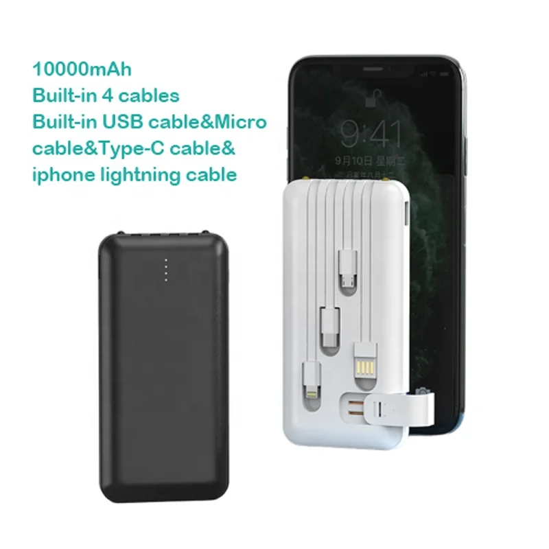 2022 New Products Factory Selling Delicate Li-polymer Battery Pack Slim Light ROHS Smart 10000mAh Power Bank With Four Wires