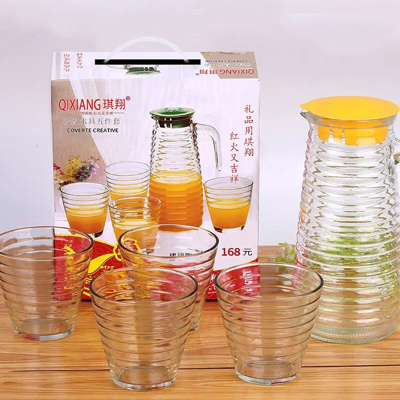 5pcs glass water pitcher and cups set with stripes glassware glass jug set water juice dispenser beer mug