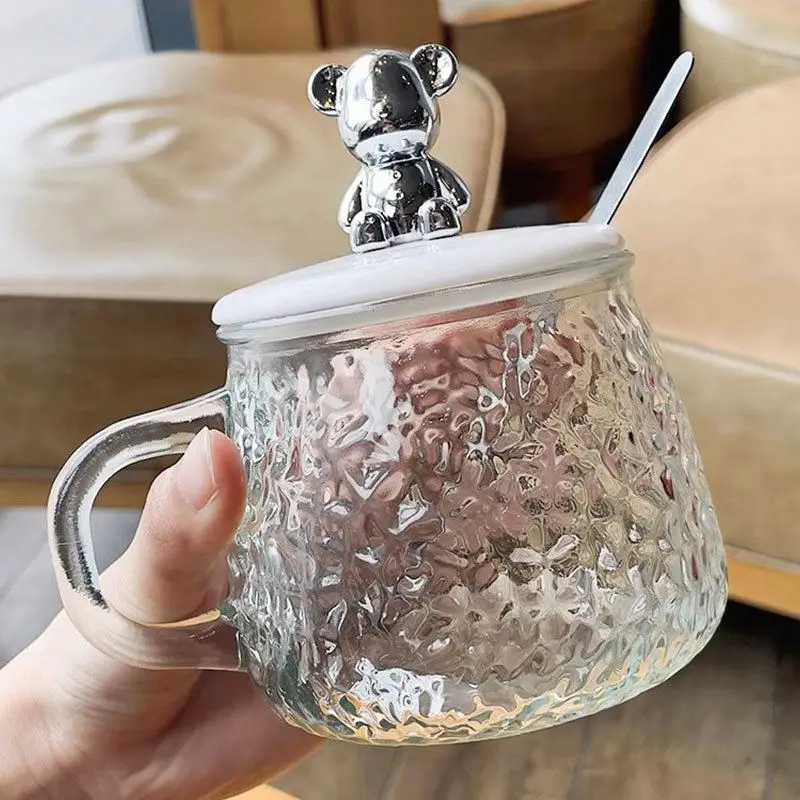400Ml Coffee Mug With Handle And Bear Lid High Appearance Hammer Glass Coffee Bear Shape Glass Cup With Spoon