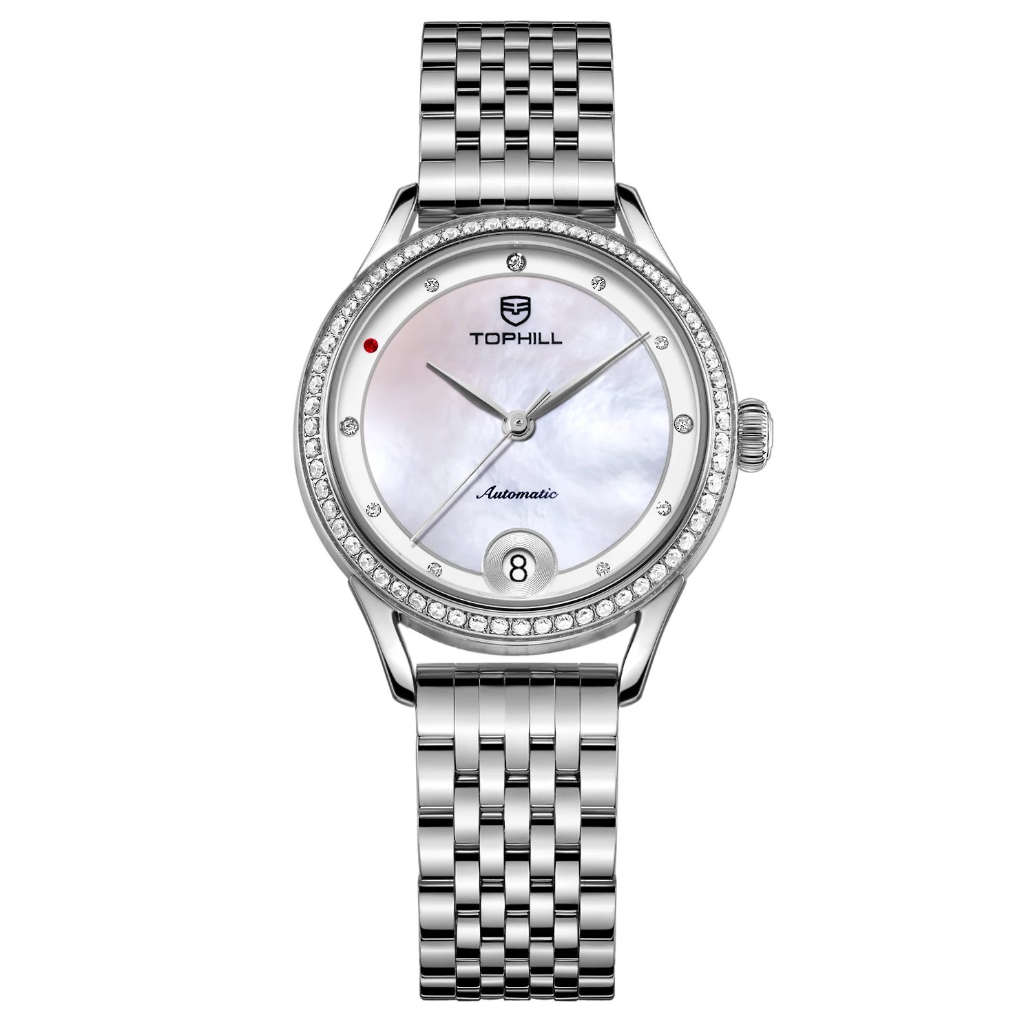 Tophill Custom OEM Luxury Diamond Stainless Steel Straps Swiss Automatic Movement Ladies Mechanical Womens Rose Gold Watches